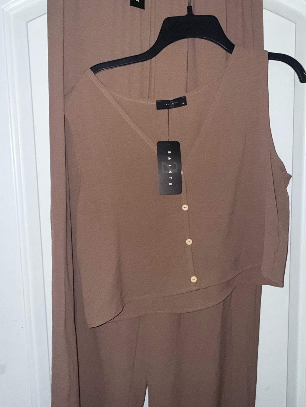Tan Brown Sleeveless Button Front Top and Pants Set